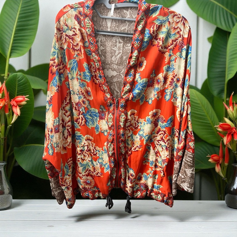 Anthropologie Free People Orange Floral Blouse With Zipper And Tie XS-S